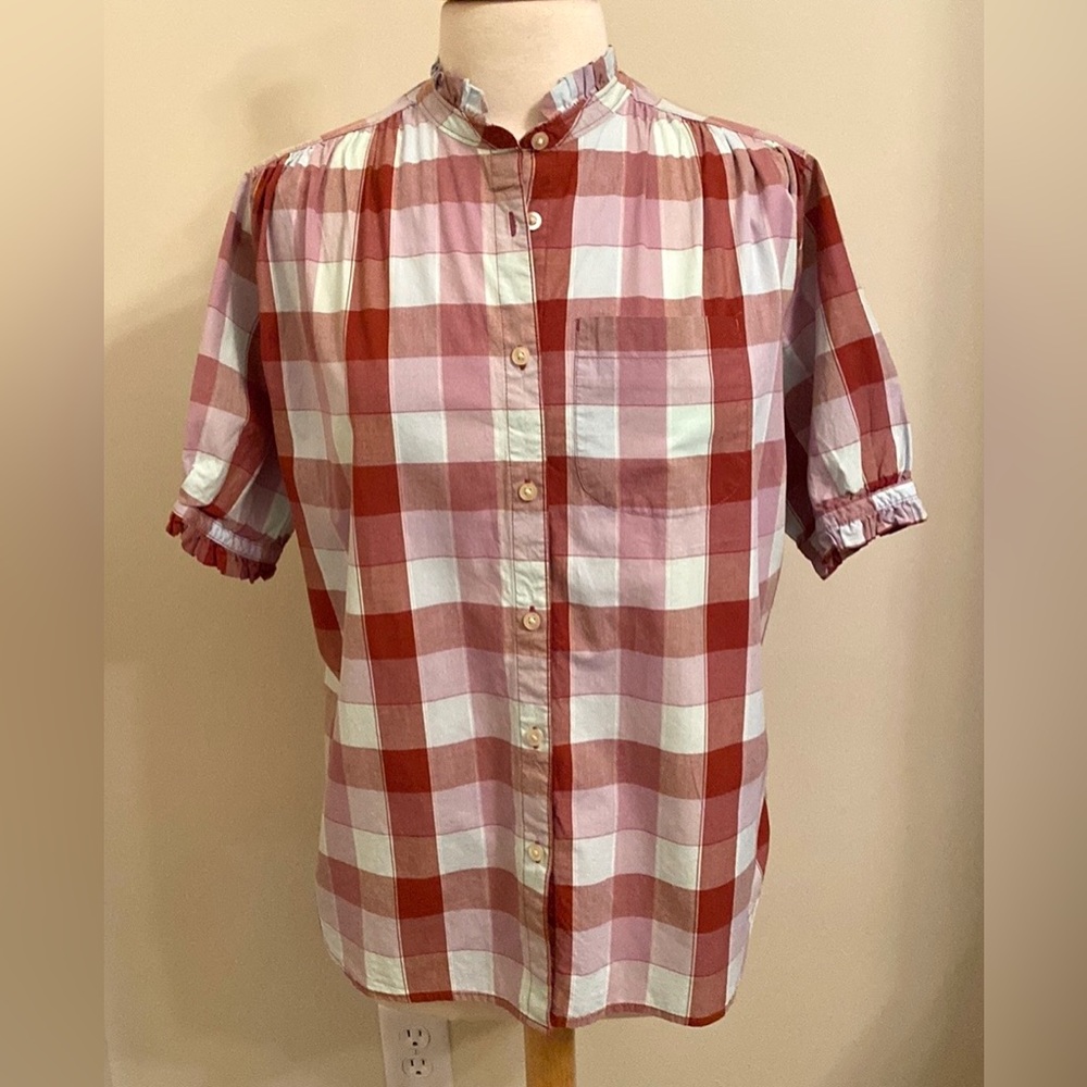 Lee Red Pink Preppy Plaid SZ S Country Chic Western Cowgirl Feminine Ruffled Top